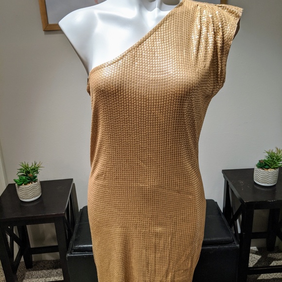 Michael Kors ▪ Gold Sequin One-Shoulder Dress - Picture 3 of 8